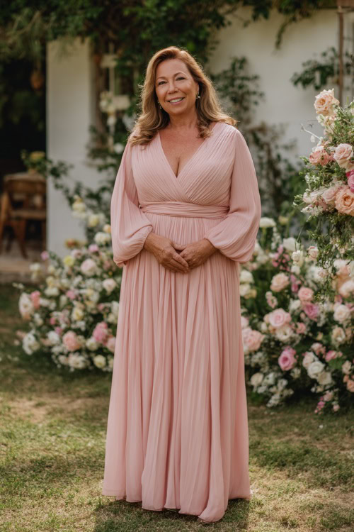 A plus-size woman over 50 in a blush pink chiffon dress with a flowing skirt and pleated bodice, standing by an outdoor spring wedding with pastel flower arrangements 