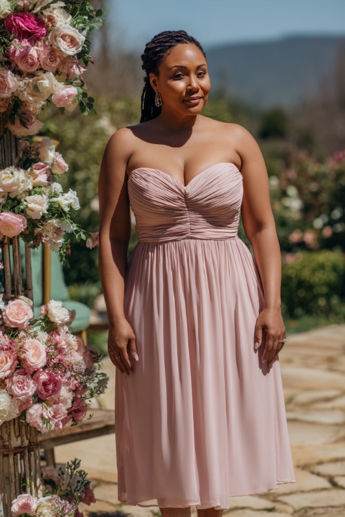 A plus-size woman over 50 in a blush pink chiffon dress with a flowing skirt and pleated bodice, standing by an outdoor spring wedding with pastel flower arrangements 
