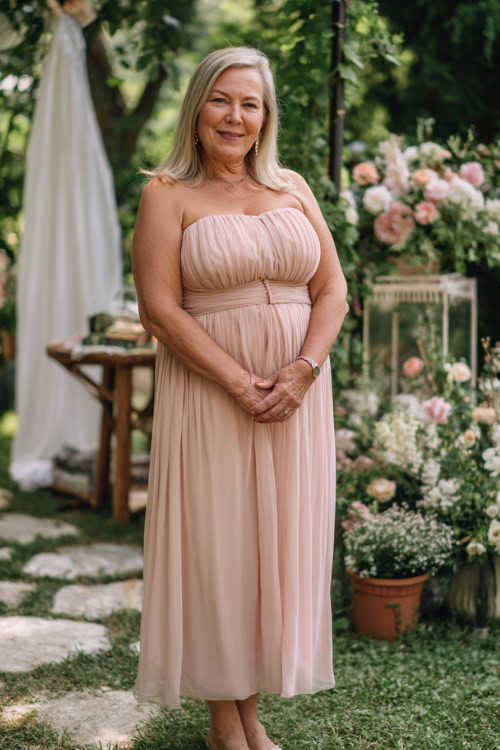 A plus-size woman over 50 in a blush pink chiffon dress with a flowing skirt and pleated bodice, standing by an outdoor spring wedding with pastel flower arrangements