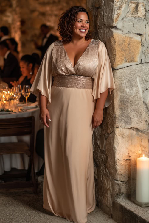 A plus-size woman over 50 in a champagne-colored floor-length gown with flutter sleeves and subtle shimmer, posing near a candlelit wedding reception 