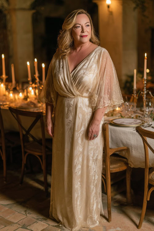 A plus-size woman over 50 in a champagne-colored floor-length gown with flutter sleeves and subtle shimmer, posing near a candlelit wedding reception