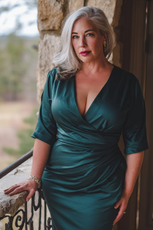 A plus-size woman over 50 in a dark emerald green midi wrap dress with a soft satin finish and bracelet sleeves, standing on a balcony overlooking a spring wedding
