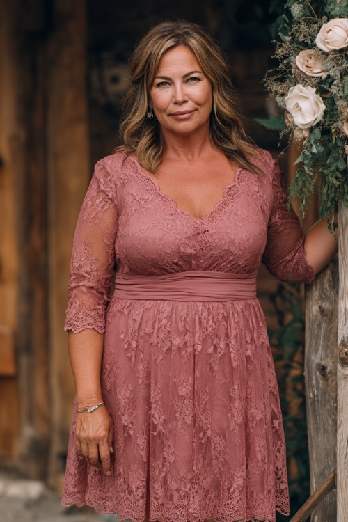 A plus-size woman over 50 in a dusty rose A-line dress with lace three-quarter sleeves and a modest scoop neckline, standing beside a rustic wooden wedding ceremony setup