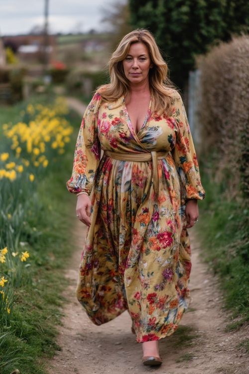 A plus-size woman over 50 in a floral print maxi dress with long sleeves and a cinched waist, walking along a path lined with spring flowers at a countryside wedding