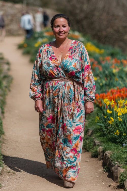 A plus-size woman over 50 in a floral print maxi dress with long sleeves and a cinched waist, walking along a path lined with spring flowers at a countryside wedding