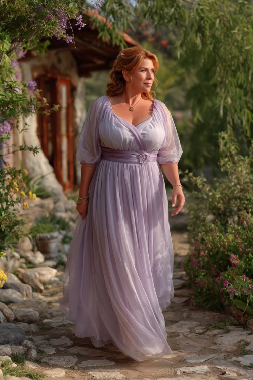 A plus-size woman over 50 in a soft lavender tea-length dress with an empire waist and delicate chiffon layers, walking along a cobblestone path toward an outdoor wedding