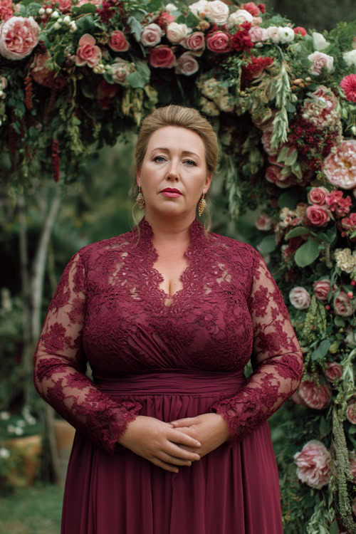 A plus-size woman over 50 wearing a burgundy lace midi dress with a high neckline and sheer long sleeves, standing by a grand floral wedding arch 