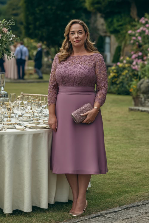 A plus-size woman over 50 wearing a mauve midi-length fit-and-flare dress with lace sleeves and a matching clutch, standing by a garden reception table set with fine china 