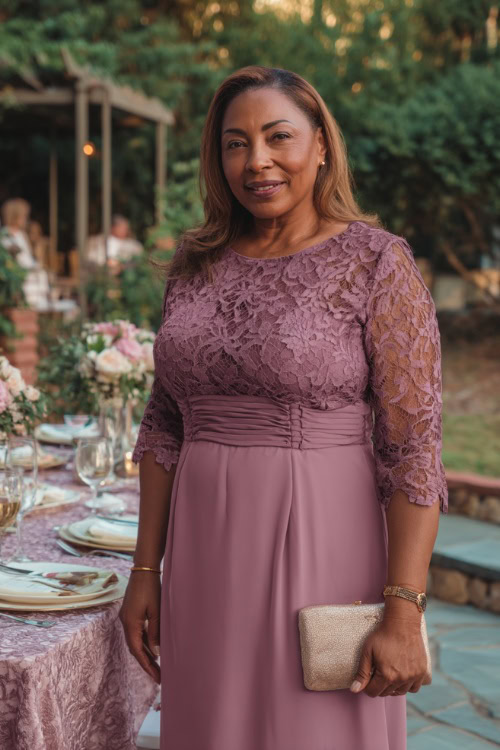 A plus-size woman over 50 wearing a mauve midi-length fit-and-flare dress with lace sleeves and a matching clutch