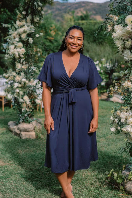 A plus-size woman over 50 wearing a navy blue midi-length wrap dress with flutter sleeves and a V-neckline, standing near a garden wedding arch surrounded by white florals 