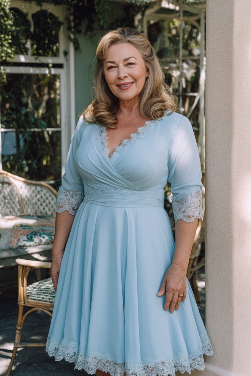 A plus-size woman over 50 wearing a powder blue knee-length A-line dress with lace trim and modest sleeves, standing near a vintage garden wedding setup 