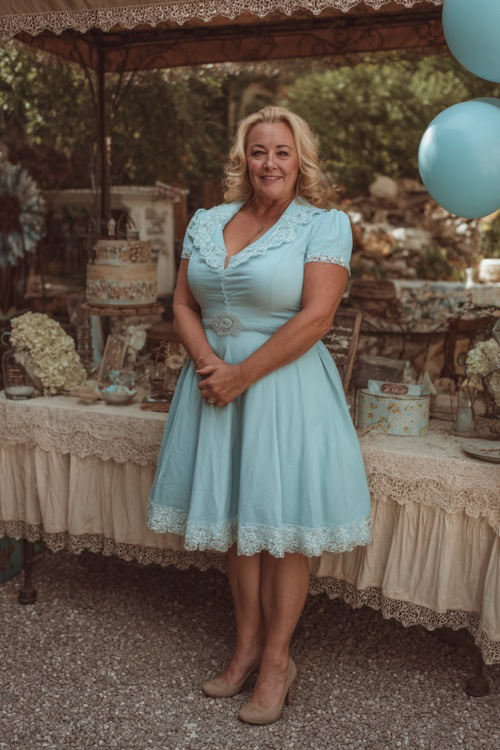 A plus-size woman over 50 wearing a powder blue knee-length A-line dress with lace trim and modest sleeves, standing near a vintage garden wedding setup