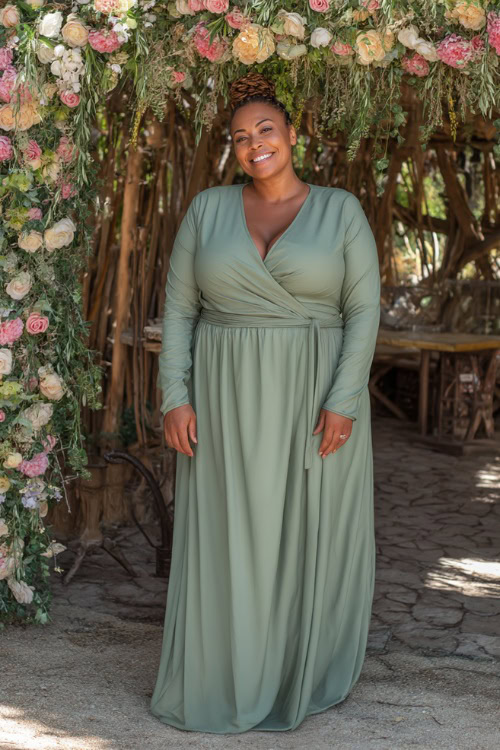 A plus-size woman over 50 wearing a sage green maxi dress with a wrap silhouette, long sleeves, and a belt at the waist, posing under a floral wedding pergola 