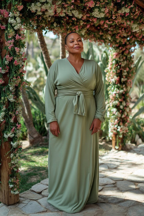 A plus-size woman over 50 wearing a sage green maxi dress with a wrap silhouette, long sleeves, and a belt at the waist, posing under a floral wedding pergola 