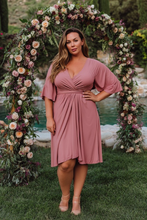A plus-size woman wearing a dusty rose midi wrap dress with flutter sleeves and a V-neckline, standing beside a floral wedding arch in a garden setting