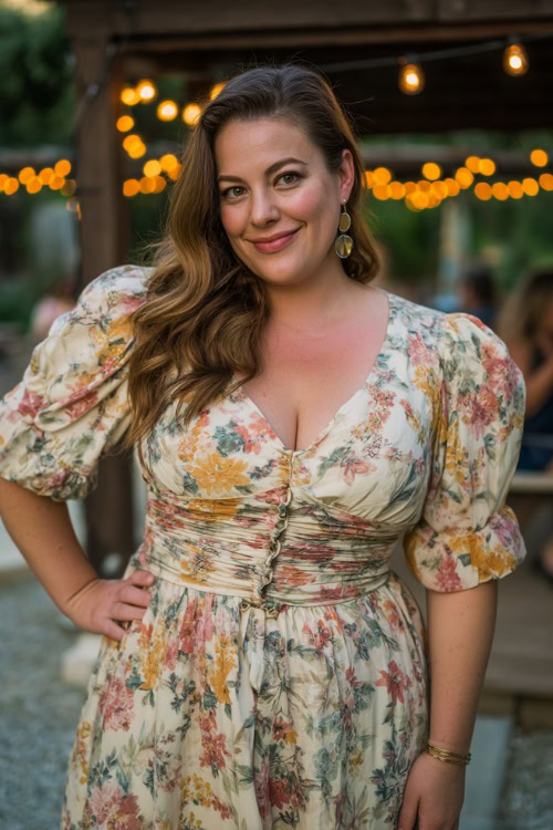 A plus-size woman wearing a floral-print knee-length dress with puff sleeves and a cinched waist, standing near a backyard wedding reception with string lights