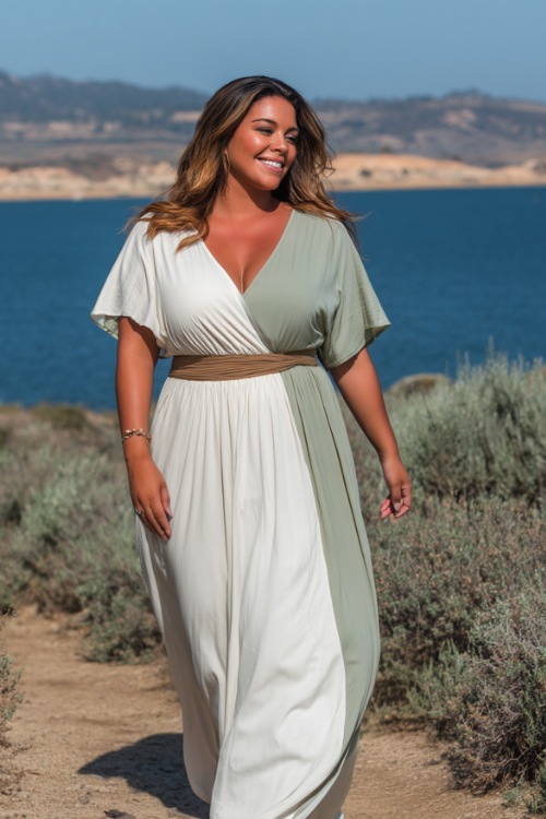 A plus-size woman wearing a white and sage green maxi dress with short flutter sleeves and a flowy silhouette, walking near a lakeside wedding venue (2)