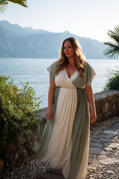 A plus-size woman wearing a white and sage green maxi dress with short flutter sleeves and a flowy silhouette, walking near a lakeside wedding venue 