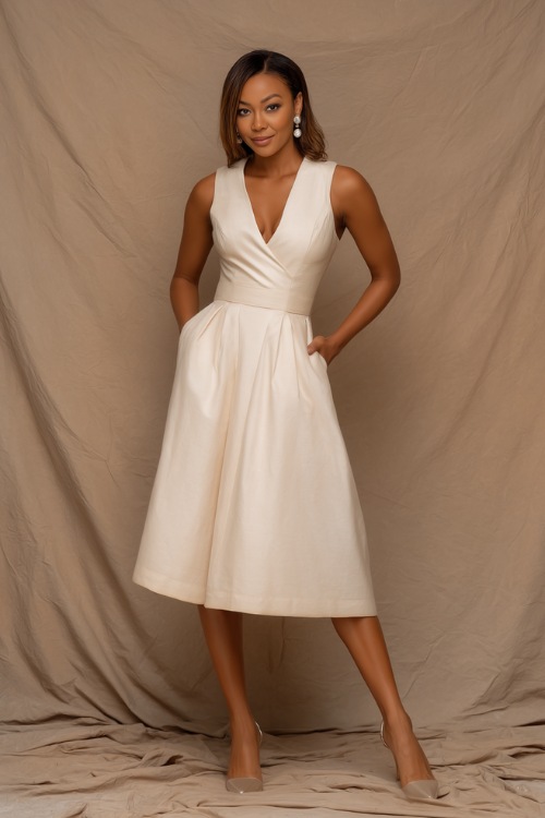 A sophisticated woman wearing a sleeveless ivory A-line midi dress with pearl earrings and heels, posing confidently in a luxury photo studio with a soft beige backdrop 