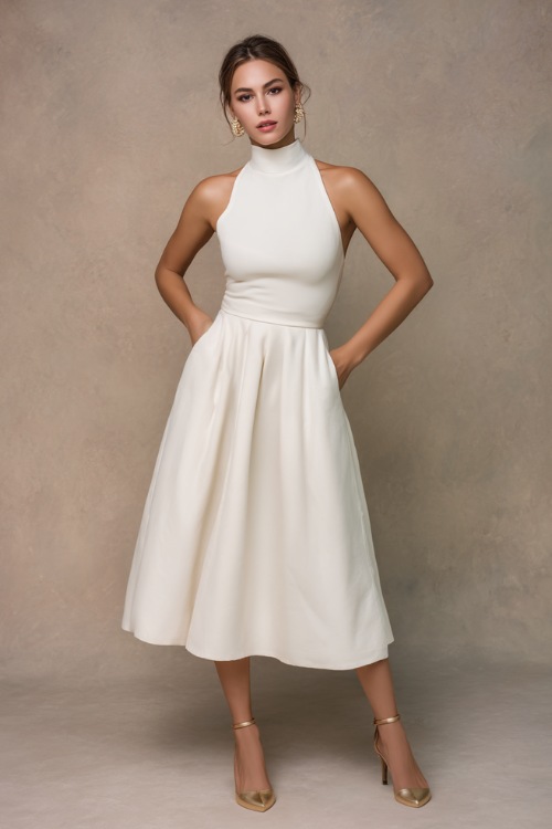 A sophisticated woman wearing a sleeveless ivory A-line midi dress with pearl earrings and heels, posing confidently in a luxury photo studio with a soft beige backdrop 