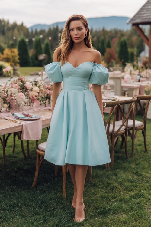 A woman in a baby blue midi cocktail dress with off-shoulder puff sleeves and a flared skirt, standing near an open-air wedding dining table with pastel flowers 