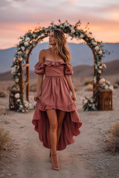 A woman in a beige chiffon A-line dress with ruffle straps and a high-low hem, posing near a poolside cocktail hour surrounded by palm trees 