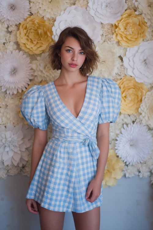 A woman in a blue and white gingham short dress with puff sleeves and tie waist, standing beside a DIY wedding photo booth with paper florals
