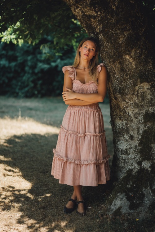 A woman in a blush pink cotton dress with a tiered ruffle skirt and a smocked bodice, posing under a shaded tree at a casual summer wedding 