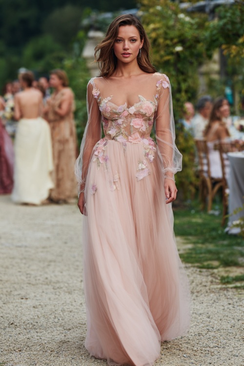 A woman in a blush pink tulle gown with sheer long sleeves, floral appliqué details, and a sweeping skirt, walking slowly through a garden reception 