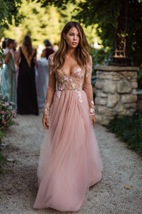 A woman in a blush pink tulle gown with sheer long sleeves, floral appliqué details, and a sweeping skirt, walking slowly through a garden reception 