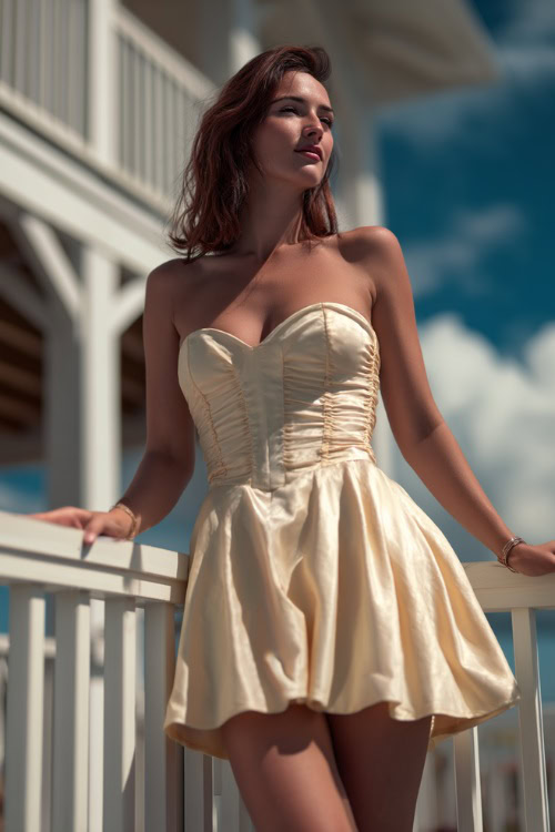 A woman in a champagne-colored strapless cocktail dress with a flared hem and structured bodice, standing on a white balcony at a coastal wedding