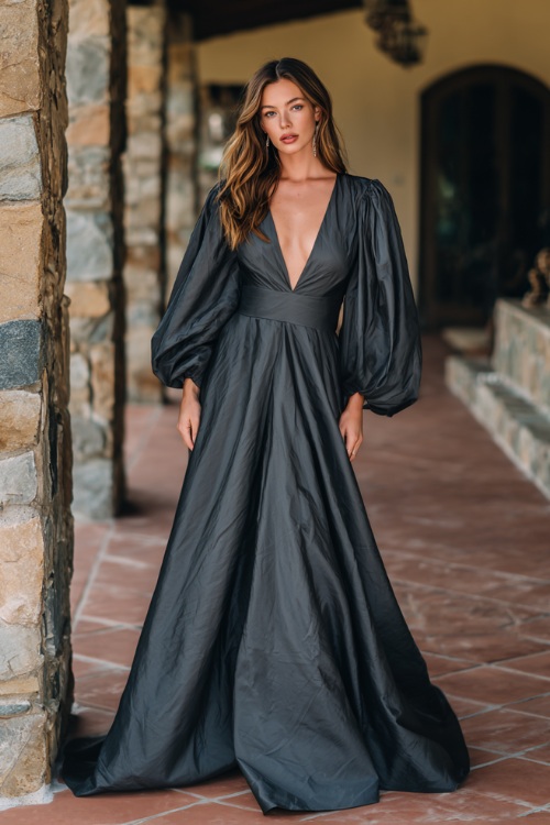 A woman in a charcoal gray formal gown with a plunging neckline, long train, and dramatic sleeves, standing at a villa-style wedding venue