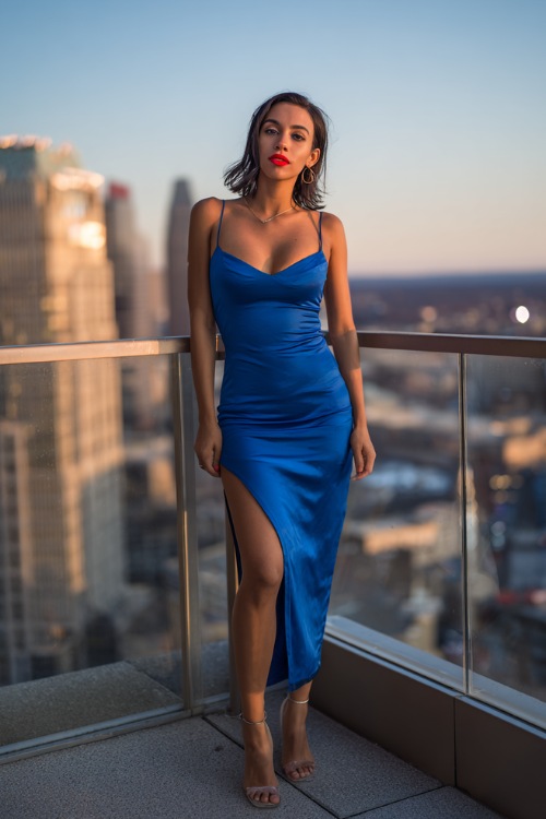 A woman in a cobalt blue slip dress with thin straps and a side slit, paired with clear heels and a bold red lip