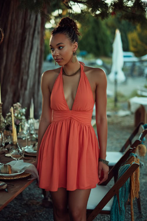 A woman in a coral short halter dress with a keyhole neckline and flowy skirt, standing beside an intimate outdoor wedding table setup
