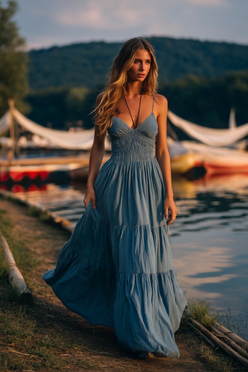 A woman in a dusty blue sleeveless flowy gown with a tiered skirt, strolling beside a scenic lake during a wedding golden hour