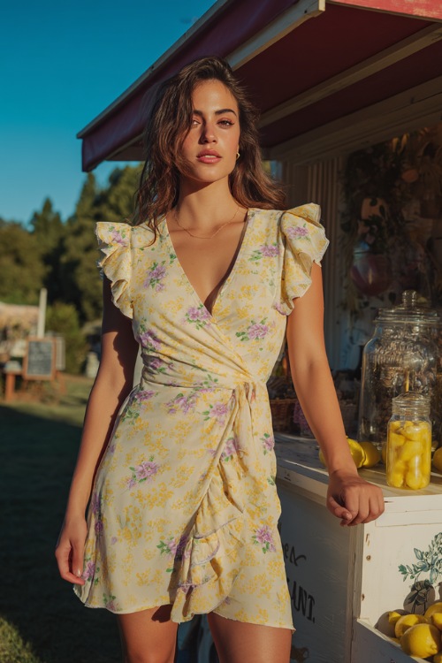 A woman in a floral-print short wrap dress with ruffle details and flutter sleeves, standing beside a lemonade stand at a casual backyard wedding