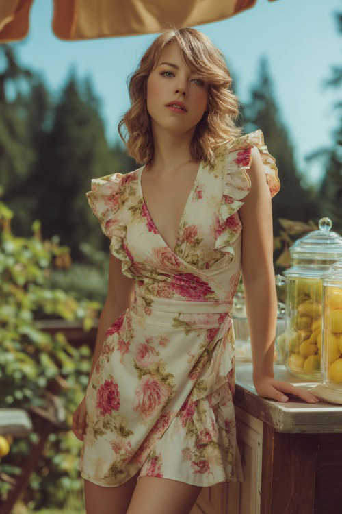 A woman in a floral-print short wrap dress with ruffle details and flutter sleeves, standing beside a lemonade stand at a casual backyard wedding