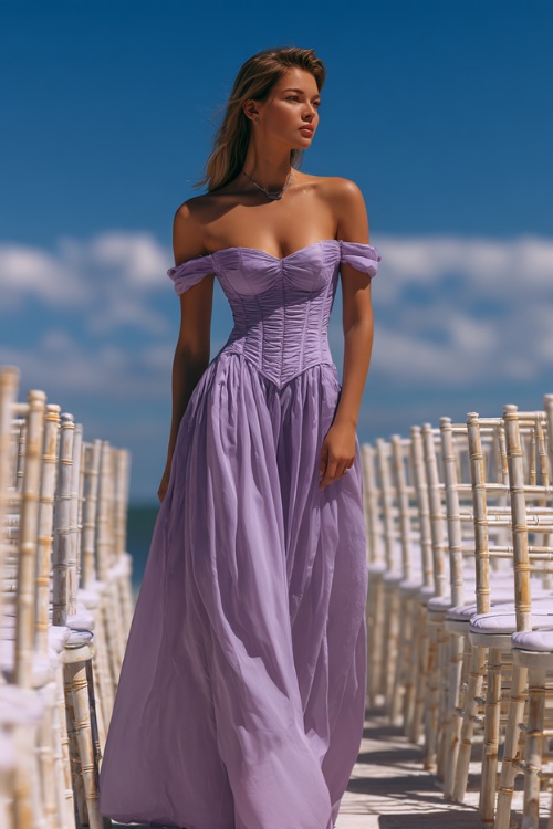 A woman in a lavender off-the-shoulder gown with a corset bodice and flowing A-line silhouette, walking past rows of white wedding chairs by the ocean