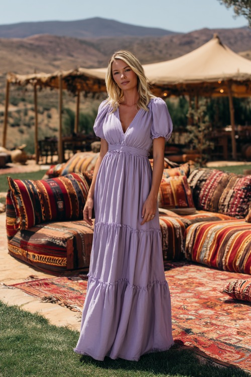 A woman in a lavender tiered maxi dress with a V-neckline and short sleeves, standing near an outdoor wedding lounge decorated with pillows and woven rugs 