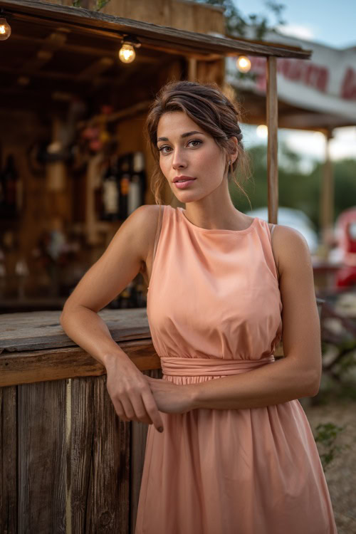 A woman in a light coral sleeveless midi dress with a round neckline and cinched waist, standing beside a rustic wedding bar in an open backyard