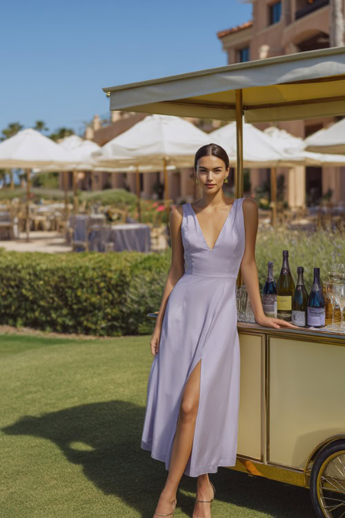 A woman in a light lilac midi cocktail dress with a v-neck and side slit, standing next to a champagne cart at an upscale summer wedding 