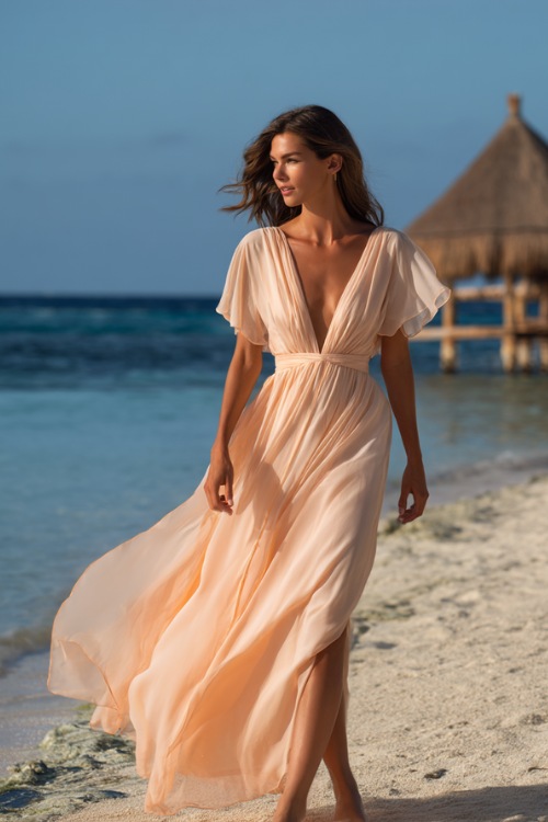 A woman in a light peach chiffon maxi dress with a deep V-neck and flutter sleeves, walking barefoot along a breezy beach wedding setup