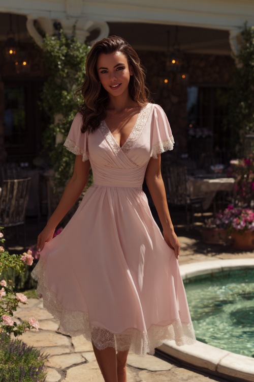 A woman in a light pink A-line midi dress with lace trim and flutter sleeves, the hem swaying gently as she walks across a garden reception 