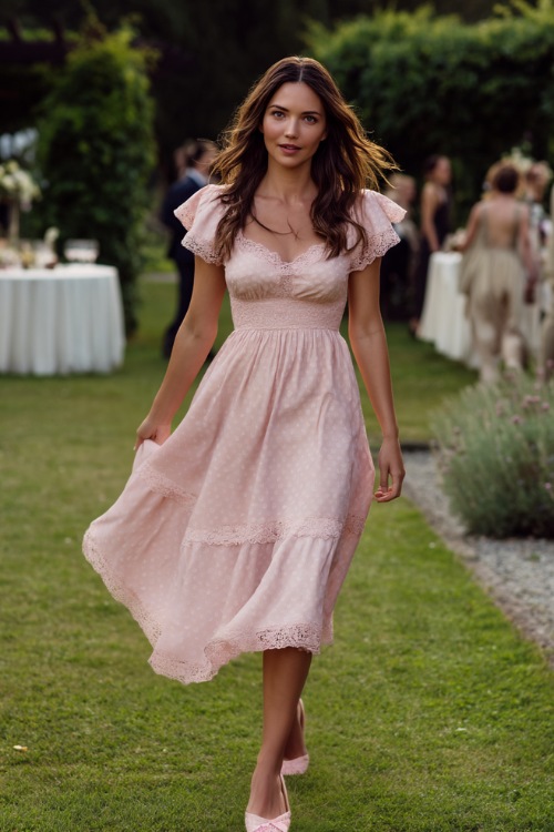 A woman in a light pink A-line midi dress with lace trim and flutter sleeves, the hem swaying gently as she walks across a garden reception 