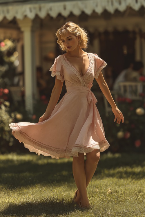 A woman in a light pink A-line midi dress with lace trim and flutter sleeves, the hem swaying gently as she walks across a garden reception 