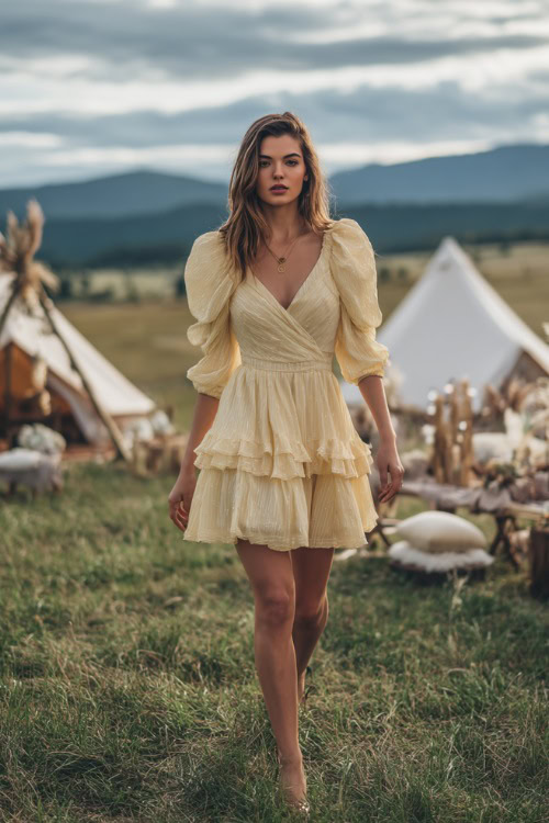 A woman in a light yellow short dress with puff sleeves and a tiered skirt, walking through a grassy field toward a boho-style wedding setup