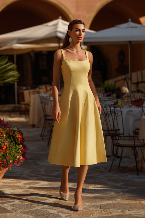 A woman in a light yellow sleeveless midi dress with a flared hem and pearl earrings, walking along a stone patio at a garden reception 