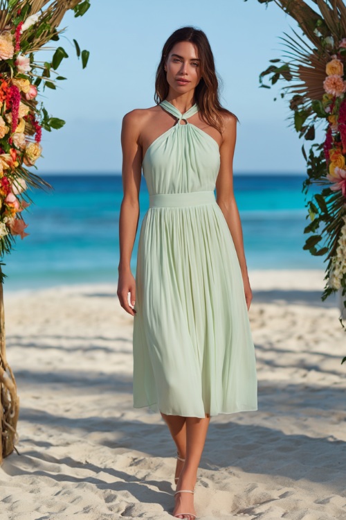 A woman in a mint green knee-length cocktail dress with a halter neckline and pleated skirt, standing near a beach wedding entrance with tropical floral décor 