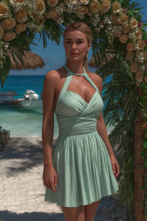 A woman in a mint green knee-length cocktail dress with a halter neckline and pleated skirt, standing near a beach wedding entrance with tropical floral décor