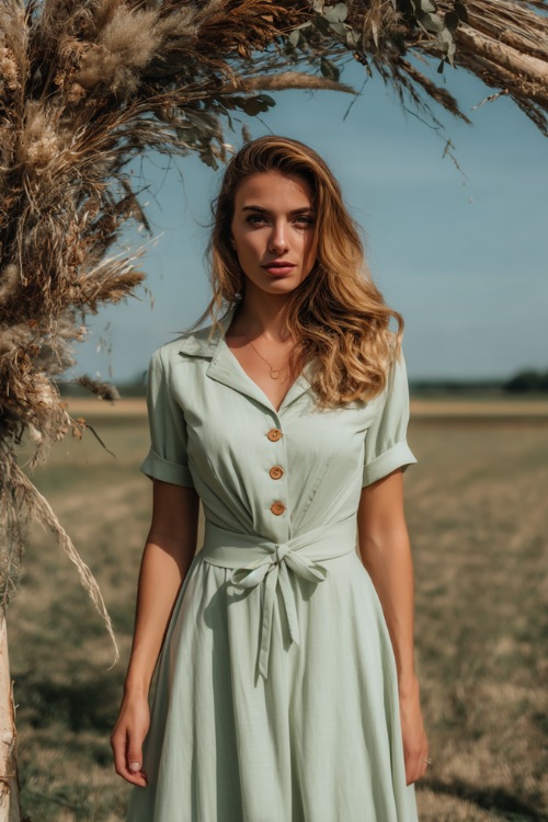 A woman in a mint green short-sleeve midi dress with wooden buttons and a tie waist, standing near a DIY wedding arch in an open field